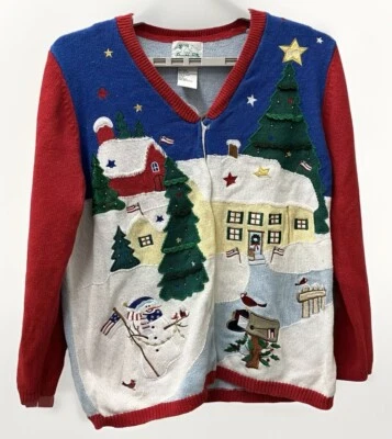 Quacker Factory Christmas Village Sweater Cardigan Large - Patriotic - Detailed - Image 1 of 4