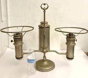 Antique Nickel Plated Brass Student Lamp Edward Miller Double Arm Converted - Picture 1 of 11