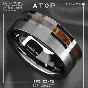 8mm Silver Brushed Tungsten Carbide Ring Off Center Koa Wood ATOP Wedding Band - Picture 1 of 10