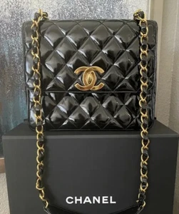 CHANEL Flap Bag Quilted Patent Leather Black Tall Classic 24k Gold Chain Vintage - Picture 1 of 23