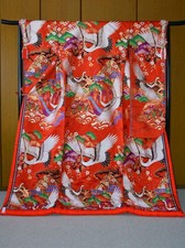 Giapponese Kimono Accappatoio Uchikake Abito Cardigan Giubbotto Crane Oro Rosso