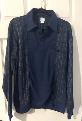 Haband Casual Joe Men's Long Sleeve Bowling Shirt LARGE Blue BLACK Striped VTG! - Image 1 of 4