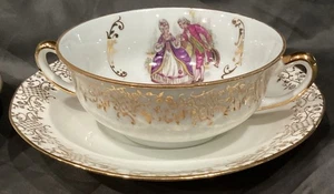 5 SETS + 1 FRENCH LIMOGES 5 CREAM SOUPS 6 LINERS FRENCH COURTING COUPLE 4 5/8”D - Picture 1 of 8