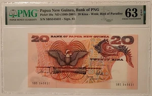 Billete de 20 kinas de Papúa Nueva Guinea 1989-2001 Bird of Paradise Ch Unc 63 EPQ PMG - Imagen 1 de 4