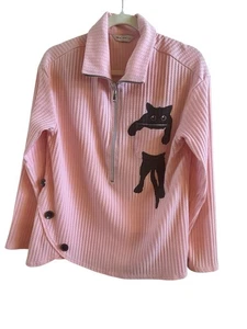 Whimsy Woman’s Size Medium Pink Black Cat 1/4 Zip Long Sleeve Top - Picture 1 of 7