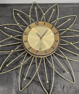 Vtg Gold Brass Lux Sun Starburst Sun Clock Atomic Flower MCM Mid Century. F10 - Picture 1 of 9