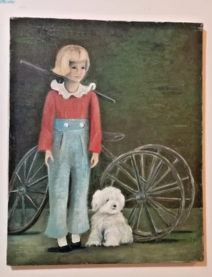 Antigua pintura de arte popular primitivo sobre lienzo niña, triciclo y perro, firmada  Foto 1 de 4