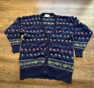 Deans of Scotland Vintage Shetland Wool Damen Navy Strickjacke, Gr. M Floral - Bild 1 von 8