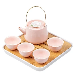 Japanisches Porzellan Teeservice, rosa Kungfu Teekanne Set mit 1 Teekanne, 4 Teetassen,... - Bild 1 von 7