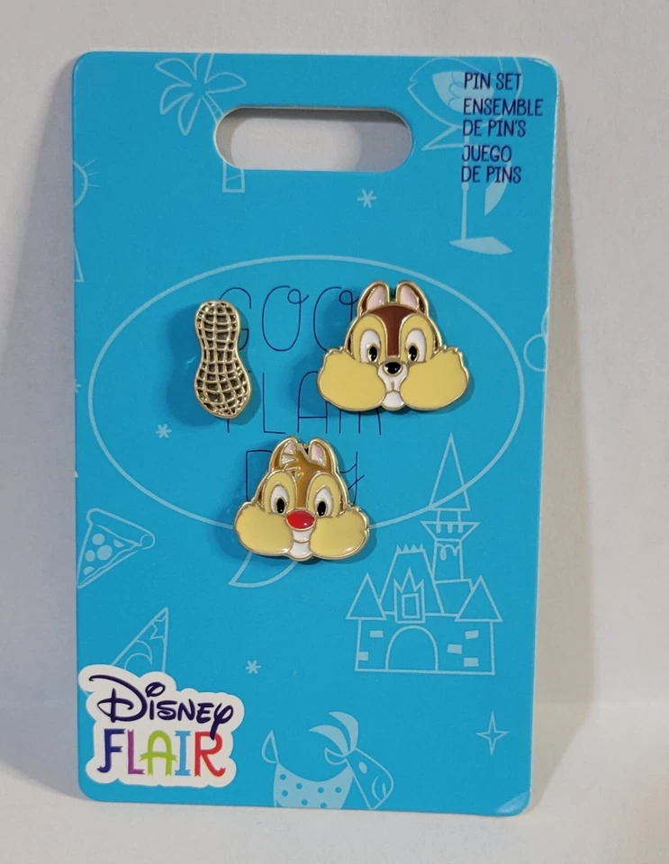 Disney Parks Pin Chip 'n Dale Flair 3 Pin Set Puffy Cheeks & Peanut -