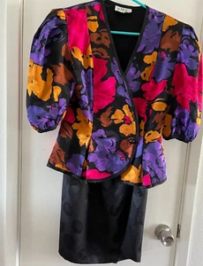 St. Malo Skirt Suit Multicolor Jacket Black Skirt Pure Silk Size 8 - Picture 1 of 7