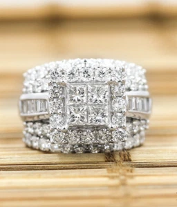 4.25 CT Natural Diamond Princess & Round Cut 14K White Gold Halo Engagement Ring - Picture 1 of 12