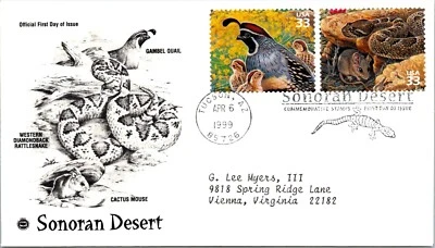 FDC 1999 SC #3293 Quail, Snake & Mouse - Tucson, AZ - Single - J2303 - Image 1 of 2
