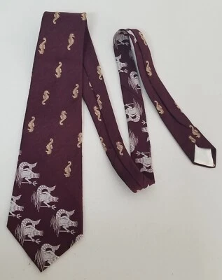 CUSTOM CRAVATEUR Tie Vintage King Neptune Seahorses Men's Wide Tie Maroon &White - Image 1 of 4