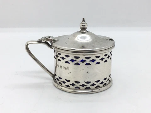 Antique 1920s Solid Sterling Silver Mustard condiment Pot with glass liner Cover