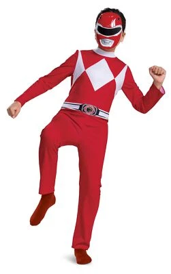 Licenced Kids Red Power Rangers Costume S M Boys Superhero Halloween Fancy Dress - Image 1 of 4