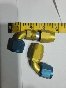 (2) 8AN 90 Deg. Elbow Hose End Fitting Swivel Al. Yellow/Blue N.O.S. Made USA - Picture 1 of 8