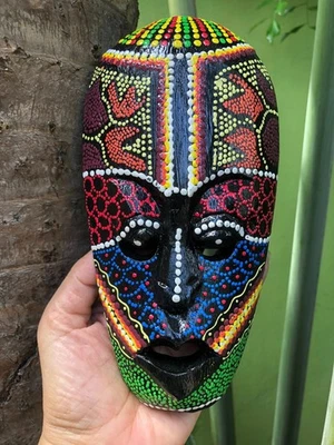 Mask Decor Owl Patio Carving Wooden Bird Hanging Wall African Tiki Brown Bali 8" - Image 1 of 4