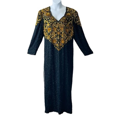 Vestido de noche vintage años 90 SCALA dorado y negro con cuentas a mano talla 16 Foto 1 de 4