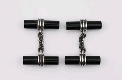 Gemelos vintage de plata y cilindro de ónix negro gemelos asprey regalo de boda Foto 1 de 2