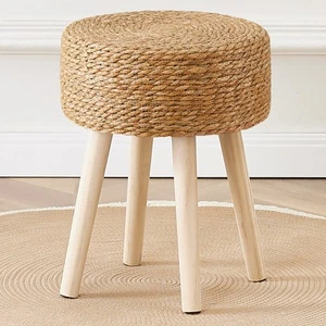 Pouf poggiapiedi ottomano rotondo in erba marina naturale con gambe in legno massello tessuto a mano - Foto 1 di 7
