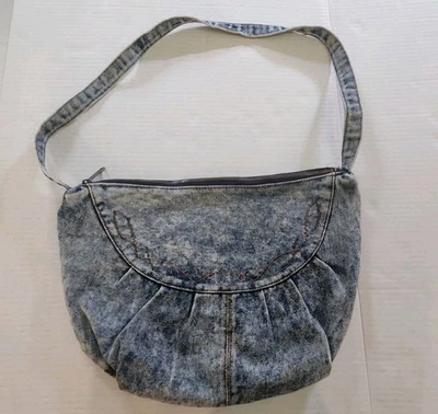 Vintage Acid Wash Denim Retro Saddle Bag Hobo Purse w/Pleats and Brown Stitching - Image 1 of 4