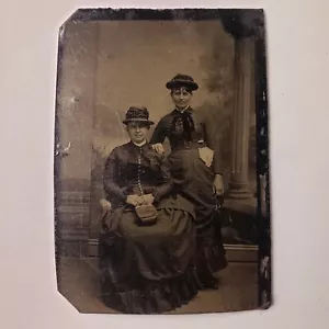 Antique (est. 1870's) Tintype - Two Women in Hats, Posing - Unknown Studio - Picture 1 of 2