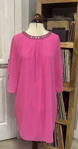 M&S Hot Pink floaty Sleeves Short dress bead trim neck Size 10 Wedding Party - Picture 1 of 8