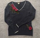 Peck & Peck Women's Knit Cotton Sweater Pullover M Black 3D Flower Embellished 