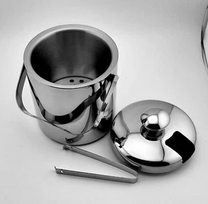 Cubo de hielo aislante de acero inoxidable de doble pared con tapa, colador y pinzas  - Imagen 1 de 4