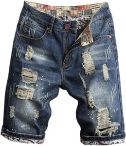 Men's Distressed Denim Shorts Summer Casual Straight Fit Ripped Jean Style - Picture 1 of 28