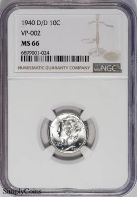 Moneda de diez centavos Mercury 1940-D/D RPM VP-002 ~ NGC MS66 ~ ¡POP 1 DE 3 CONOCIDA EN TODOS LOS GRADOS! Foto 1 de 2