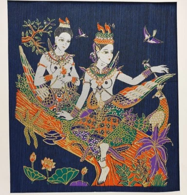 Blue Thai Art Silk Printing 2 Colorful Kinnaree Poster Print Home Decor Handmade - Image 1 of 3