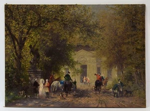 Hacia 1900, cuadro antiguo, escena cortesana, regreso de la caza, impresión pintada - Imagen 1 de 11