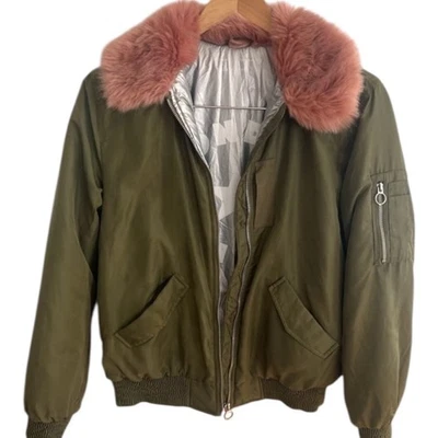 Zara Girls Olive Green Bomber Jacket Faux Fur Coral Size 13-14 164cm Military - Image 1 of 4