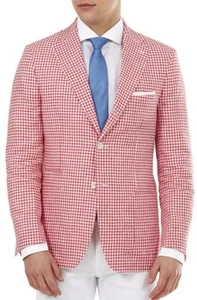 Tallia Mens Blazer 100% Linen Gingham Rose Red Jacket Size 44R $350 NWOT - Picture 1 of 13