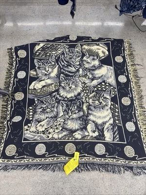 "De colección Gatitos Hilado Bolas Manta Flecos Tapiz Azul y Amarillo 43""x48""" Foto 1 de 4