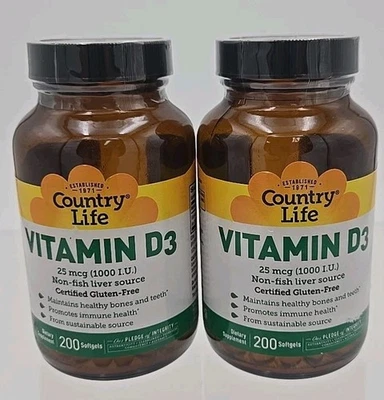 Lote de 2 Country Life Vitamina D3 1000 UI 200 Cápsulas Gelatinosas Sem Glúten Expira 07/2027 - Imagem 1 de 2