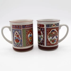 2 Vtg Japanese Stoneware Imari-style Coffee Mugs Coordinated Mismatched Set Boho - Picture 1 of 4