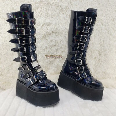 Damned 318 Multi Strap Goth Punk 3.5" Platform Boot Black Patent DEMONIA - Image 1 of 4