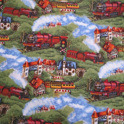 Cotton Quilt Fabric 3/4 yards Vintage Train Steam Craft Material #G38 - Image 1 of 4