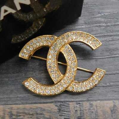 CHANEL Gold Plated CC Logos Diamond Vintage Pin Brooch #574c Rise-on - Image 1 of 4