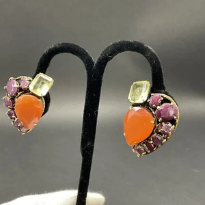 IRADJ MOINI Aged Ruby, Citrine w/Semi-Precious Stones Clip On Earrings - Picture 1 of 9