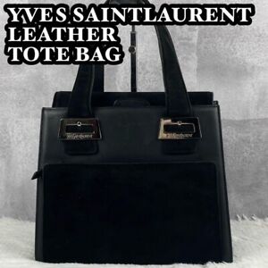 YSL Vintage Leather Suede Handbag w/ Silver Cassandra Logo Black Unisex ShipJP