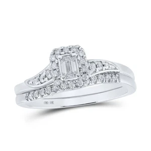 10kt White Gold Emerald Diamond Halo Bridal Wedding Ring Band Set 1/3 Cttw - Picture 1 of 1