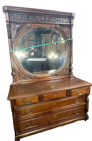 1880s walnut victorian eastlake dresser with mirror heavily carved extrodinary Cover