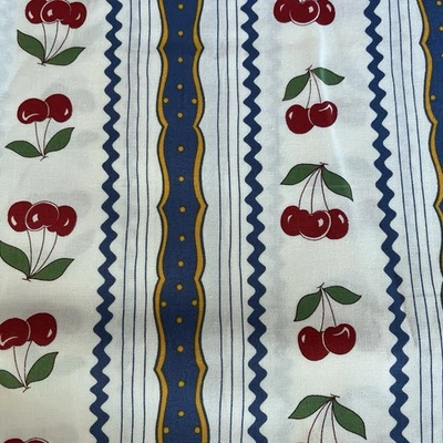 Cherries Jubilee Cherry Bunch Blue Stripe Border Sandy Klop 1.6 Yards - Image 1 of 3