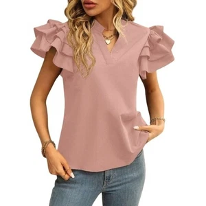 Very pretty and Classy Notched Neckline ruffle short Sleeves top blouse women XL - Picture 1 of 11