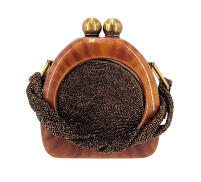 Very Nice Fre-Mor Vintage 1940s-50s Butterscotch Bakelite Beaded Inlay Handbag - Image 1 of 4