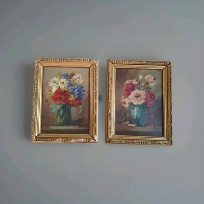 Peinture Ancienne Huile Sur Toile Fleurs. Tableau Miniature Encadré Signé - Photo 1/4